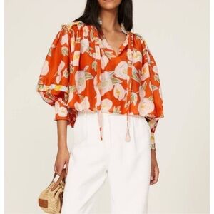 Carolina K Fiore Red Orange Peony Floral‎ Blouse Sz L